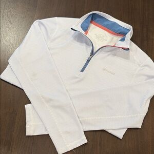 Vineyard Vines White Striped Quarter-Zip Pullover with Blue Trim